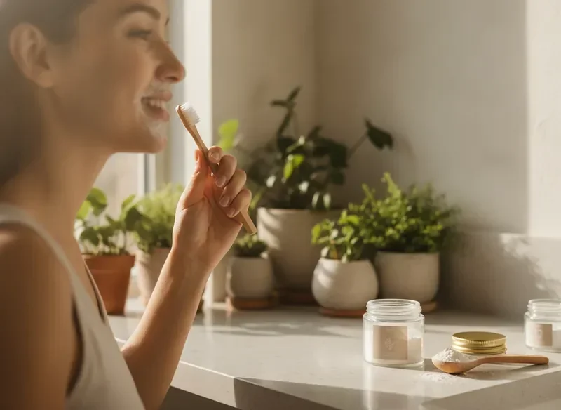אישה מצחצחת שיניים באבקת שיניים טבעית